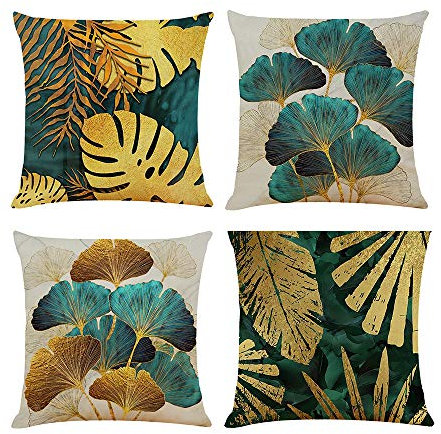 COWORK-UP 4er Set kissenbezüge 45x45cm Deko Kissenbezug Petrol Gold kissenhüllen für Schlafzimmer Wohnzimmer Büro Garten Sofa, Baumwolle Leinen Zierkissenbezug mit unsichtbarem Reißverschluß