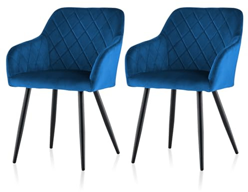 TUKAILAI Esszimmerstühle 2er Set aus Samt, Küchenstuhl Polsterstuhl Wohnzimmerstuhl Sessel mit Armlehnen Rückenlehne Metallbeinen, für Küche Esszimmer Wohnzimmer Lounge,Blau