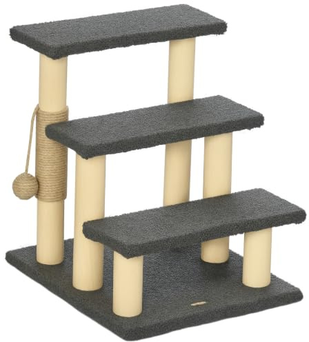 PawHut Tiragraffi a Scaletta per Gatti a 3 Livelli con Pali in Juta e Pallina Appesa, 45x40x48cm, Grigio