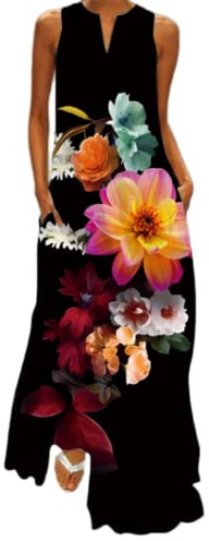 Ocean Plus Women's Long Skirt Vintage Print Dress with V-Neck Sleeveless Pocket Summer Dress (XXL, Multi-Coloured rhododendrons)