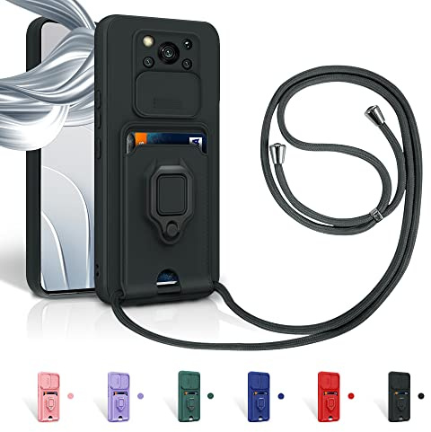 Aithne Case für Xiaomi Poco X3/X3 Pro/X3 NFC Handykette Hüll,Slide kameraschutz,Silikon Handyhülle zum Umhängen Kette,360 Grad Ringhalter Stand Kartenfach-Schwarz