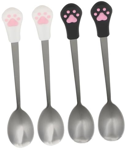 iplusmile 4pcs Stainless Steel Pet Food Spoon Set Cat Claw Spoon Dog Food Scoop Black White Pink Color for Dogs and Cats Feeding
