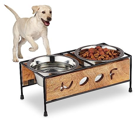 Relaxdays Ciotole Rialzate per Cani, 2 Scodelle, 750 ml, per Animali Domestici, Acciaio Inox, Ferro, Legno, Marrone Nero