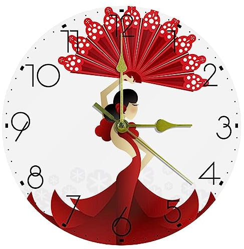 RODAILYCAY Red Spanish Dancer with Fan Wall Clock Silent Non Ticking, Decorative Acrylic Bathroom Wall Clock, 10 Wall Clock Battery Operated for Living Room Bedroom Kitchen Farmhouse