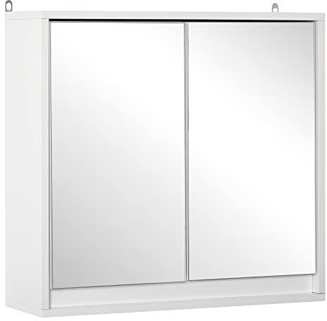 HOMCOM Armadietto Bagno con Specchio a 2 Ante, Specchio Bagno Contenitore con Ripiano Regolabile in Legno, 48x14.5x45cm, Bianco
