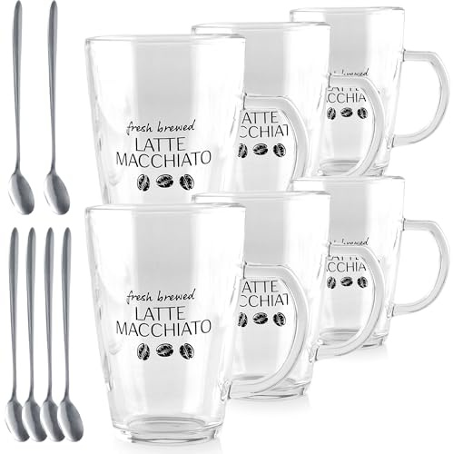 Lot de 6 verres à latte macchiato - 6 verres et 6 cuillères - Verre durable - Passe au micro-ondes - Tasses à café pour boissons chaudes et froides - 300 ml - Convient pour un usage quotidien