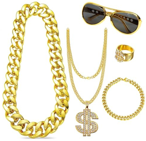 YIWONFU 5 st Hip Hop Dollar & Ring Halsband, Gold Chain Sunglasses Rapper Halsband Tillbehör 70-talet 80 90 Carnival Dräkt, Carnival Magnaccia Kostym