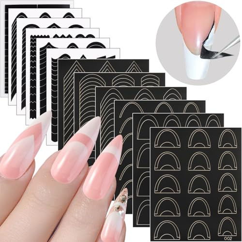 Fcozpjk French Tip Nail Stickers, 12 Sheets Self-Adhesive French Tip Nail Guides V- Shaped Smile Lines Curves French Tip Stencils Nail Wraps French Tip Nail Tool Pegatinas para Uñas