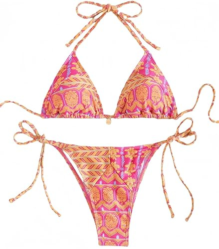 Ocean Plus Kvinnors Bohemianska Triangelbikini Kostym med Hängare Badkostym Bärs Push-ups (S (EU 32-34), Rose rött mönster)