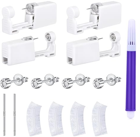 LAURITAMI 4 Stück Ohrstecker Selber Stechen Silber Set, Steril Sicherheits Ohrlochpistole mit 4mm CZ Ohrstecker, Schmerzfreies Selbst Piercing Werkzeug für Mädchen Frauen Männer