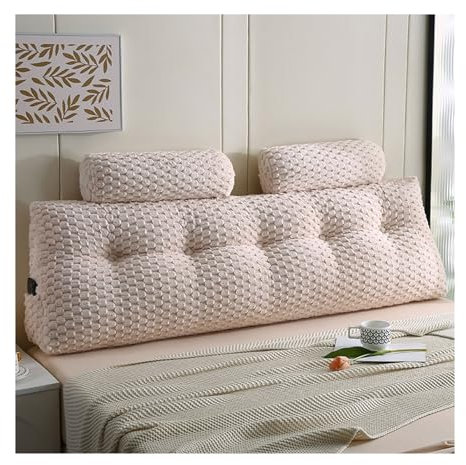 Großes bequemes Lesekissen mit abnehmbarer Nackenrolle und Seitentasche für Bett, Sofa, Wand und Tagesbett, Beige (180 x 50 x 20 cm)