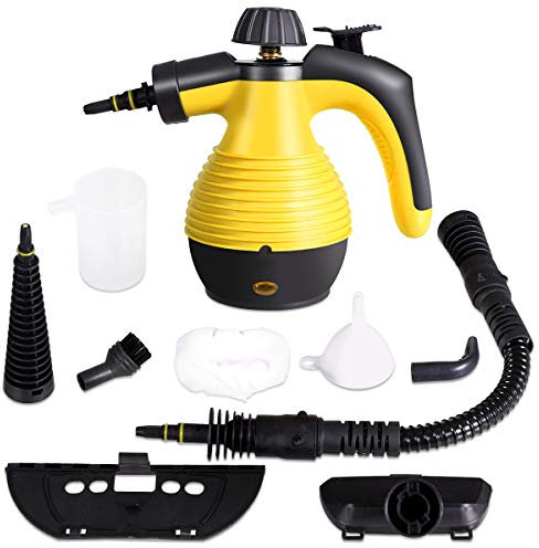 GOPLUS Limpiador a Vapor de Mano, Limpiador a Vapor Portátil con 9 Accesorios para Eliminar Manchas, Alfombras, Cortinas, 3 Bares de Alta Presión para Cocina y Baño, 350ML, Amarillo