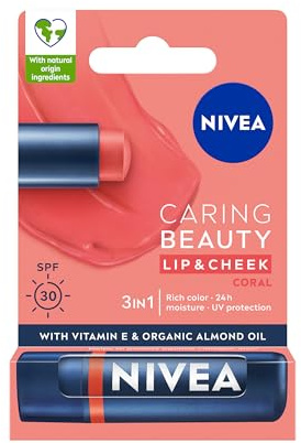 NIVEA Caring Beauty Coral Lip Balm SPF30 (4.8g), 3-in-1 Buttery Lip and Cheek Tint, Rich Colour and 24H Moisturisation with SPF 30 Protection