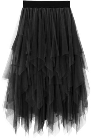 Comforso Women's Tulle Skirt, Ladies Mesh Layered Skirts, Irregular Elastic Waist A-line Midi Skirt for Girl Ballet Prom Party Pleated Dress (L) Black