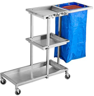 TRGCJGH Stainless Steel Cleaning Cart, 3-Shelf Commercial Janitorial Cart, Housekeeping Caddy with Shelves, with Vinyl Bag