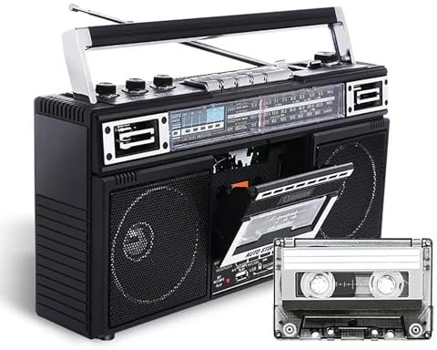 Registratore di Cassette, Radioregistratore retrò, Funzione di Trascrizione, Scheda SD/USB, Riproduzione Bluetooth, Riproduzione Dual Audio HD, Stile Anni '80