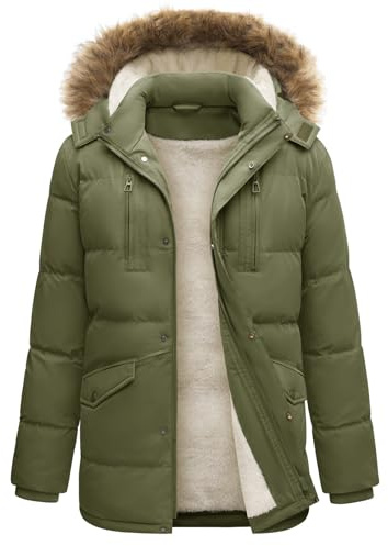 TOMEEK Herrrock lång parkas vadderad fleece dragkedja rockar utomhus vindtäta rockar huva dubbelskikt varm vinter quiltad jacka, Militärgrönt, L