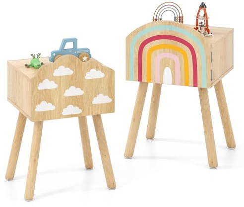 COSTWAY Set di 2 Comodini da Camera da Letto per Bambini, Comodino Carino con Motivi di Aecobaleni e Nuvole, Gambe in Legno Massello e Kit Anti-ribaltamento, Como Salvaspazio per Sala Gioco
