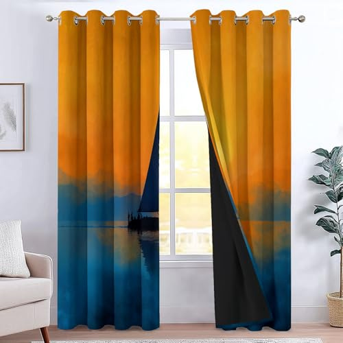Stile Cubista Tenda 140L x 245A cm Con Occhielli, Tende Oscuranti Termiche Isolanti Barche A Vela Dipinte A Olio Tramonto Sul Mare per Sala Trattamento della Finestra per Stanza e Camera da Letto