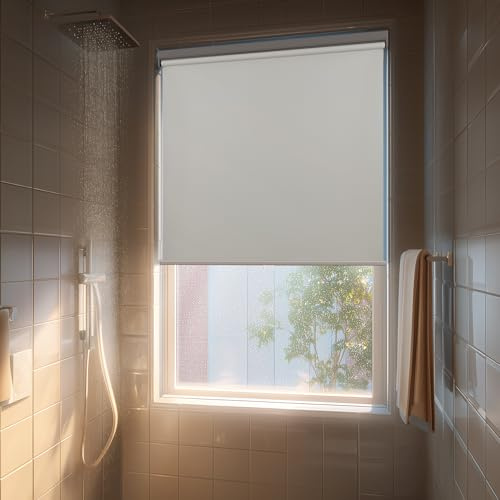 HESTIA No Drill Cordless Blackout Roller Shades Screwless Waterproof Shower Window Blinds, Auto-Retraction Easy Install Blind for Bathroom/Kitchen/Office/Exterior, White, 21 W x 54 H