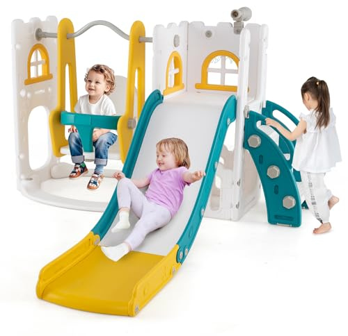 GOPLUS 7 en 1 Tobogán Infantil de Interior, Zona de Juegos con Escalera, Canasta de Baloncesto, Columpio, Telescopio, Espacio de Almacenaje, para Niños de 1-3 Años (Amarillo)