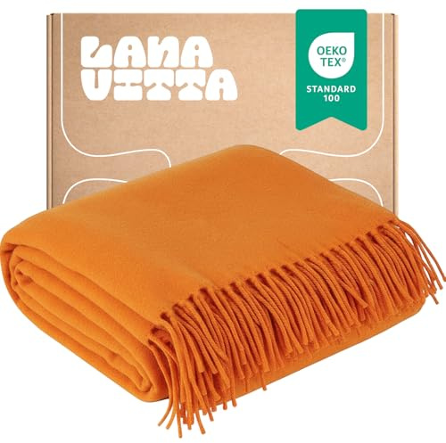Lanavitta – Wolldecke „Oven“ – Tagesdecke & Bettüberwurf – 100 % Neuseeland-Wolle, Warmer Sofa-Plaid – Orange – 140x200 cm