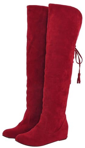 Generisch Stivali da donna comodi in camoscio eleganti piatti western da donna con punta rotonda alta tinta unita lunga stivali da donna stivali invernali, Colore: rosso, 39 EU