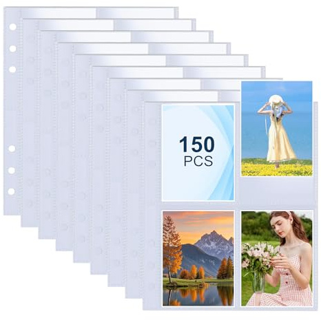 AOBOPLE 150 Pezzi Buste Trasparenti per Carte da Collezione, 1200 Tasche 2.5x3.5 per Raccoglitori A5 a 6 Anelli, 4p Foto Maniche Doppia Faccia Protezioni Fogli Fotografici per Carte e Foto
