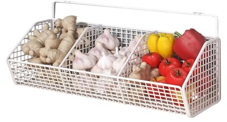 Panier de rangement mural – Panier mural à suspendre | Support en métal pour ail, oignon, pommes de terre, garde-manger, légumes, paniers durables pour comptoir et placard
