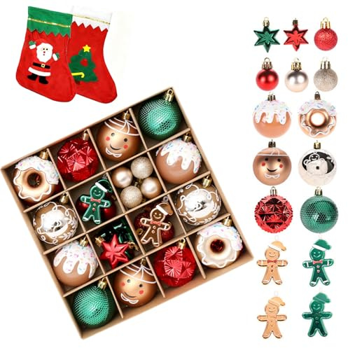 Weihnachtskugeln 6 cm 44 Stück Christbaumschmuck mit Haken in Rot, Grün, Gold, Weiß Matt und Glänzend，Geschenkverpackt mit 2 Weihnachtsstrumpf-Aufbewahrungssäcken.(A)