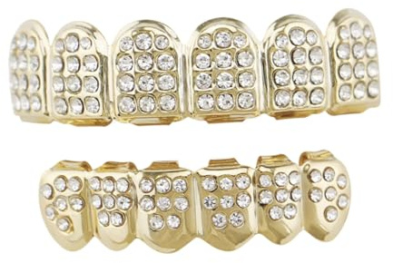 DECOMELODY Goldene Hip Hop Zahnschmuck Leichte Dentures Sleeves mit Bohrermotiv Modische Falsche Zähne für Halloween Karneval Cosplay Geeignet für Erwachsene