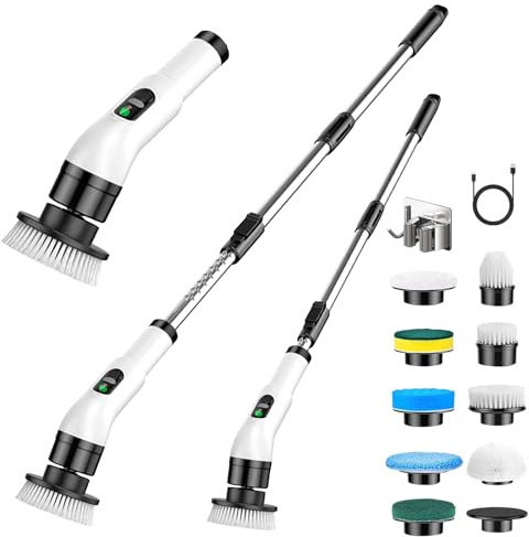 Bizcasa Brosse Nettoyage Electrique 9 en 1, Rechargeable, avec Tige télescopique et 8 têtes de Brosse Interchangeables pour Salle de Bain Cuisine Voiture, 2 Vitesses Réglables, étanche IPX6 (Blanc)