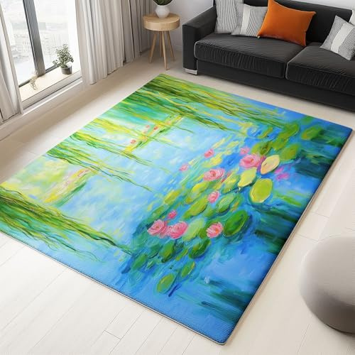Generico Tappeto Lavabile Pittura Per Cucina Camera Da Letto Sala Da Pranzo E Soggiorno, 120 X 170 Cm Fiori Stagno Salice Piangente Con Fondo Antiscivolo, Blu Tappeto Adatto Agli Animali Domestici