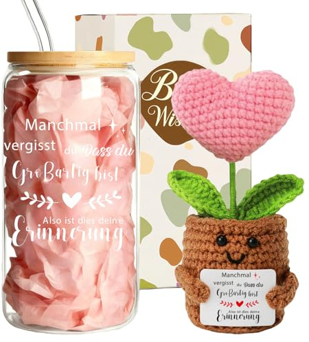 MEIMUCUL Present till bästa vännen, dricksglas presentset och hjärtblomma | Dricksglas med lock gåva, mamma present som påminnelse Du är bra, presentset för självkärlek och mindfulness