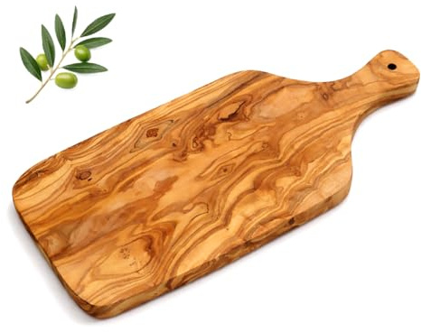 Tabla de cortar artesanal con mango de madera de olivo natural, hecha a mano, 40 cm