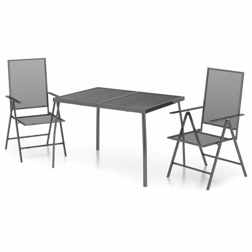 Foknhdi 3-TLG. Gartenmöbel-Set Anthrazit 110 cm Tisch und 2 klappbare Gartensessel mit Verstellbarer Lehne Stahlrohr Robustes Netzdesign modern für Terrasse und kleinen Garten