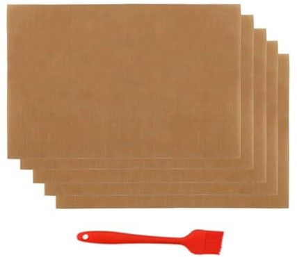 Copper BBQ Grill Mats, 5 Pack Non-Stick Reusable Grilling Sheets for Gas Charcoal Electric Grills, Dishwasher Safe Outdoor Cooking Mat for Meat Vegetables Fish, 15.75x11.81 Inch with Oil Brush