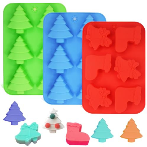 FineGood Christmas Tree Shaped Silicone Molds Socks and Bells Baking Tray for Cake Candy Chocolate Jelly Soap Set of 3 Green Blue Red