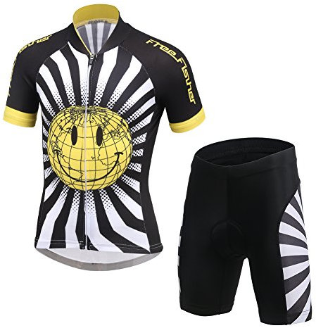 LSHEL Kinder Jungen Fahrradbekleidung Set Mädchen Atmungsaktive Trikot Kurzarm & Radhose mit 3D Sitzpolster MTB Radsportanzug, Lächeln, 116(Herstellergröße: M)