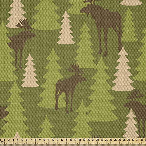 ABAKUHAUS Hirsch Stoff als Meterware, Forrest Creatures Elch, Seidiger Satin Stoff Zum benähen von Heimtextilien, 2M (148x200cm), Braun Grün Tan