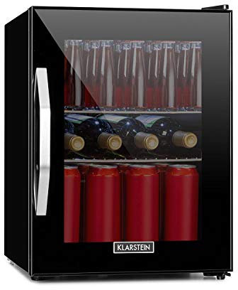 KLARSTEIN Nevera Pequeña Puerta Cristal Habitaciones, Nevera Portatil Electrica, Mini Nevera Pequeña para Bebidas, Frigorificos Pequeños 33L, Mini Frigorifico con Estantes, Neveras Pequeñas