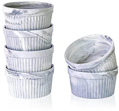 Yundu 4.5 Ounce Grey Marble Ceramic Ramekins - Perfect for Creme Brulee, Oven Safe, Baking & Souffle - Set of 6