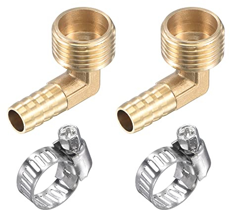 sourcing map 2 Stück Messing Schlauchanschluss Winkelstück 10mm x G1/2 Außengewinde Rechtwinkliger Rohrverbinder mit Schlauchklemme aus Edelstahl