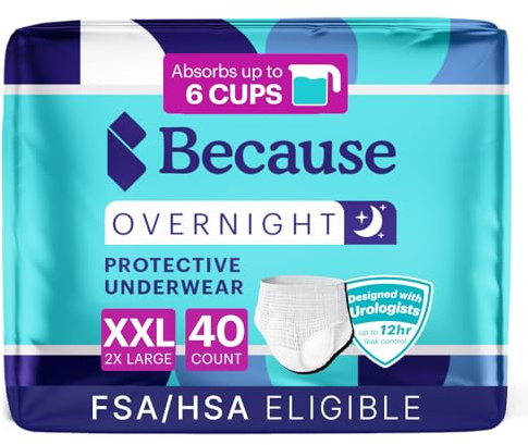 Because Overnight Absorbency Pull Ups - Adult Disposable Incontinence Underwear, Extra Absorbent Nighttime Briefs for Men and Women, White, XXLarge, 40 Count (4 Packs of 10)