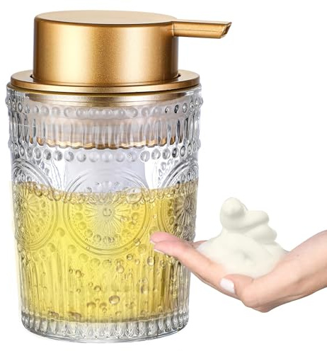 MKLZ 8 Oz Glass Foam Soap Dispenser, Clear Hand Liquid Bottles with Gold Plastic Pump, Refillable Round Foaming Lotion Dispensing for Kitchen Sink & Bathroom Counter