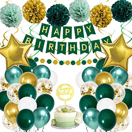 Birthday Decorations, Green Gold Birthday Party Decorations for Boy Girls Men Women, Green Balloons with Happy Birthday Banner, Paper Pompoms, Confetti Balloons