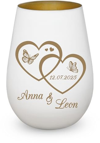 Windlicht Hochzeit Hochzeitsgeschenk Herzen Schmetterlinge Namen Weiß Gold | Wunschnamen und Datum, Geschenk für Paare, Valentinstag, Jahrestag, Verlobung, Goldhochzeit