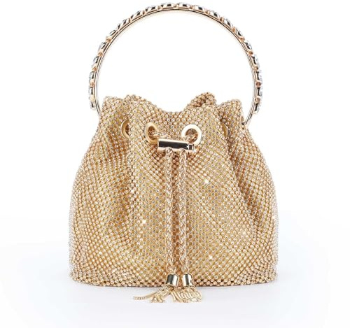 Women's Rhinestone Evening Clutch Bag with Detachable Chain, Gold Bucket Purse for Party Wedding, Tassel Shoulder Bag & Card Holder Wallet | Shiny Crystal Handbag