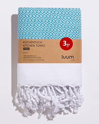 Luum® Set di 3 strofinacci, strofinacci da cucina, asciugamani da cucina, 100% cotone filato ad anelli, ad asciugatura rapida, senza pelucchi, turchese, 45 x 70, set regalo