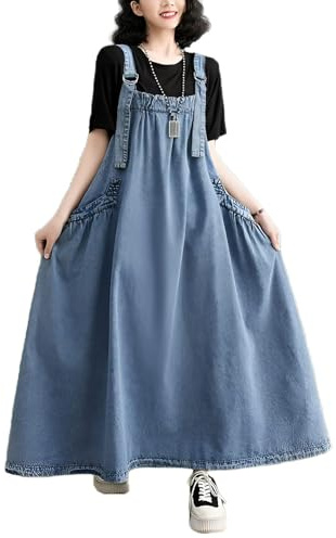 EXPOING Denim Jumper Dress for Women Loose Version Baggy Style Maxi Length Adjustable Straps Wide Hemline (US, Alpha, Medium, Regular, Regular, Light Blue M)